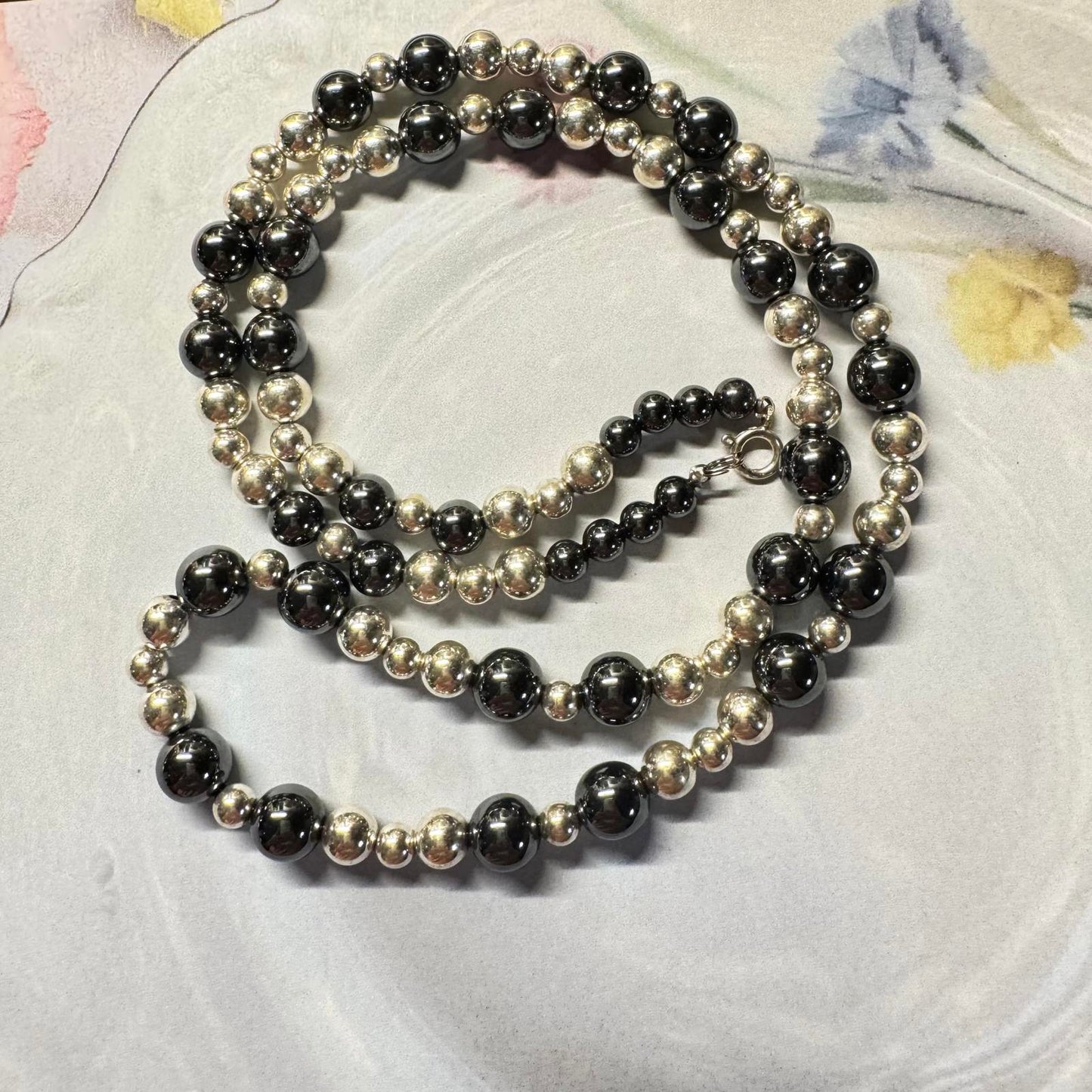 Elegant Faux Black Pearl and Silver Tone Beaded Necklace