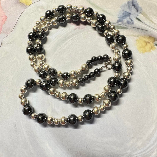 Elegant Faux Black Pearl and Silver Tone Beaded Necklace