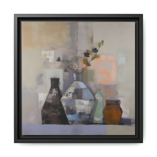 Earthy Bottle Still Life Wall Art – Framed Abstract Canvas with Geometric Vases in Neutral Tones