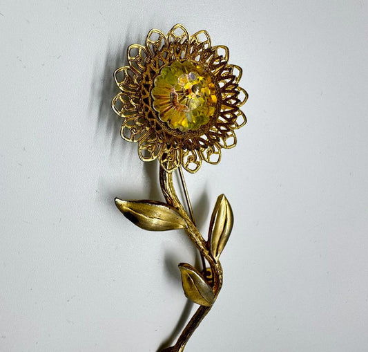 Vintage Gold Flower Brooch with Yellow Center Trendy Statement Piece