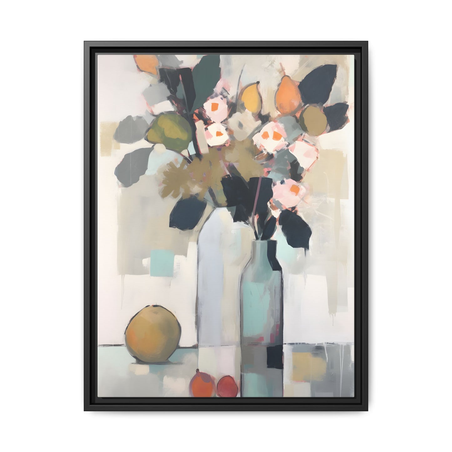 Modern Floral Still Life Wall Art – Framed Canvas with Bold Leaves and Citrus in Vase