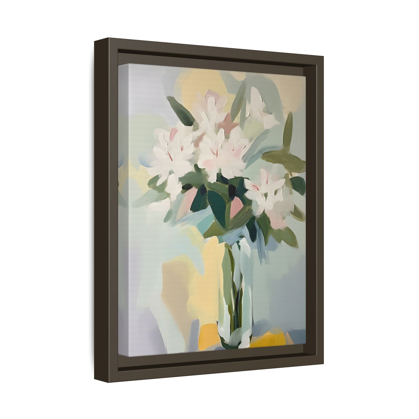 Soft Abstract Floral Wall Art – Framed Modern Canvas with White Flowers in Green Vase