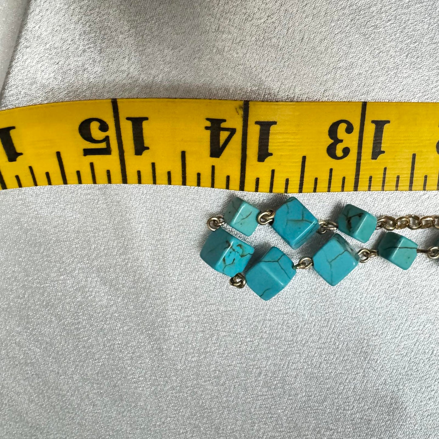 Turquoise Color Cubed Bead and Gold Tone Chain Necklace BoHo Classic Statement