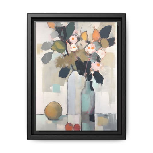 Modern Floral Still Life Wall Art – Framed Canvas with Bold Leaves and Citrus in Vase