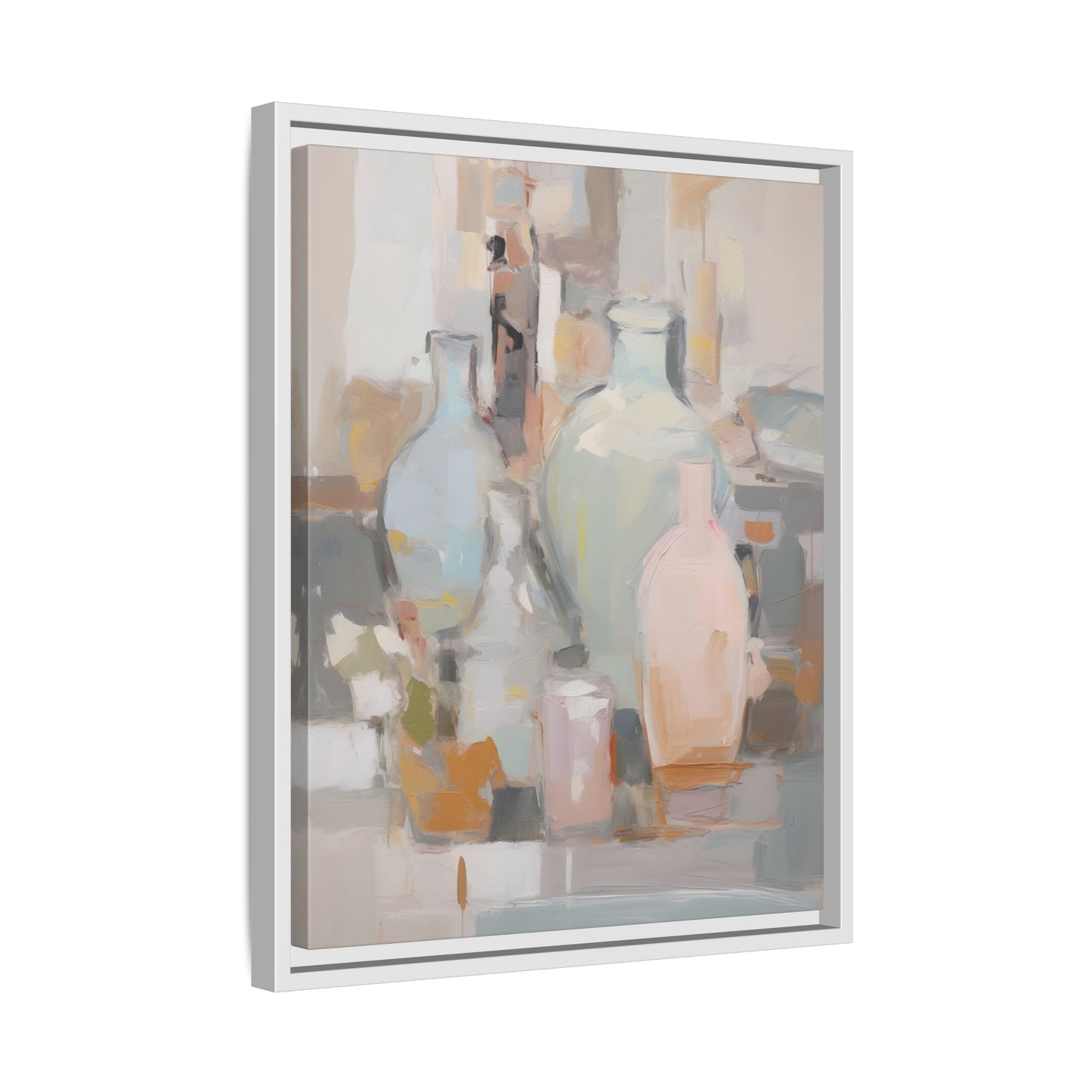 Modern Abstract Still Life Wall Art – Colorful Framed Canvas with Blue, Pink & Terracotta Bottles