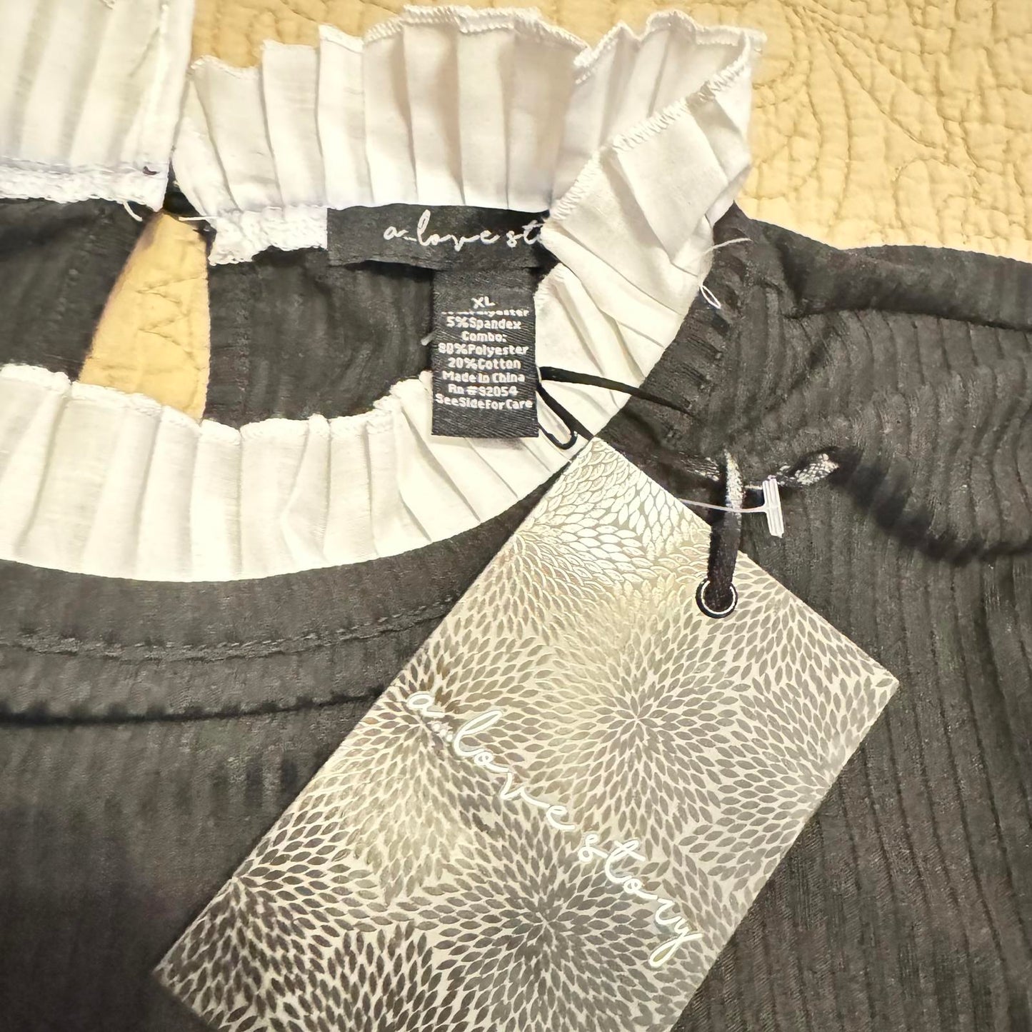 Black Ribbed Long Sleeve Top with Pearl Accents and White Collar NWT