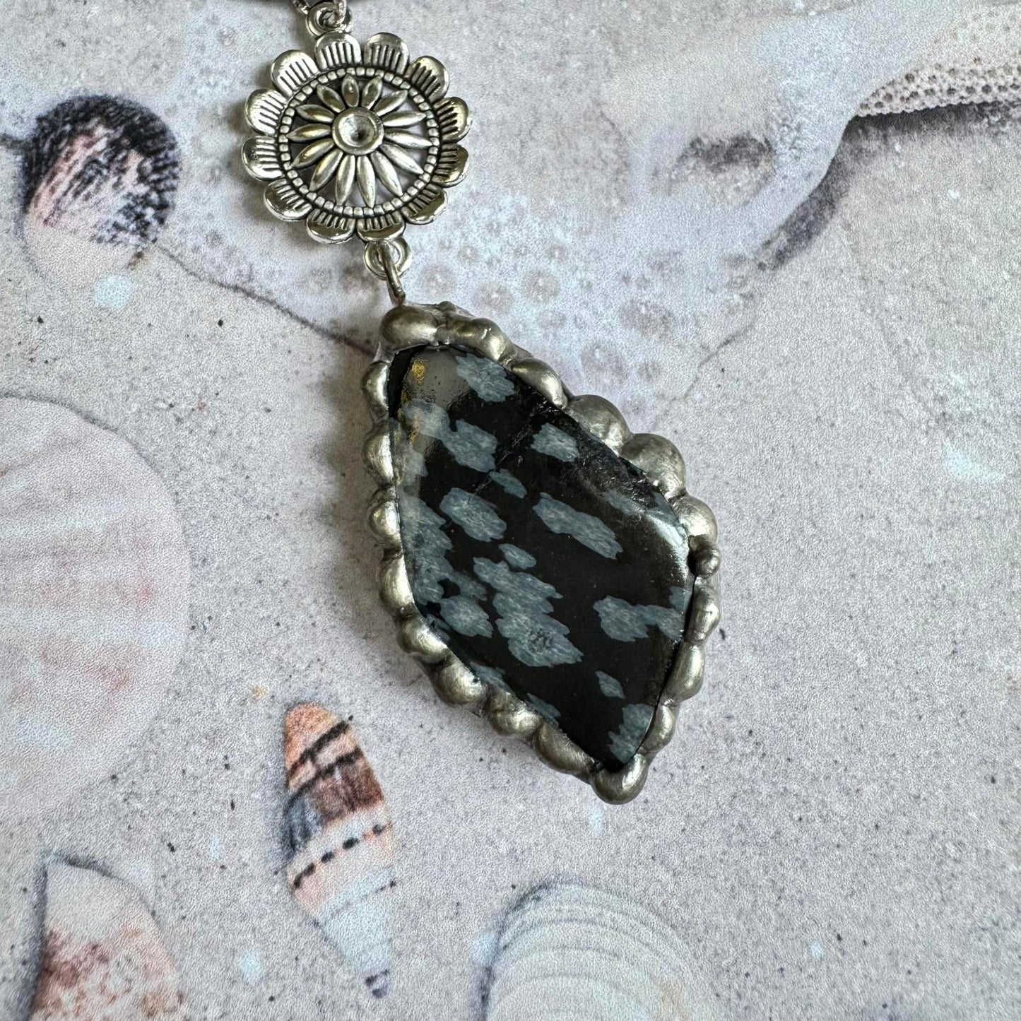 Snowflake Obsidian Stone Pendant Handmade Necklace w/ Silver Tone Floral Accents