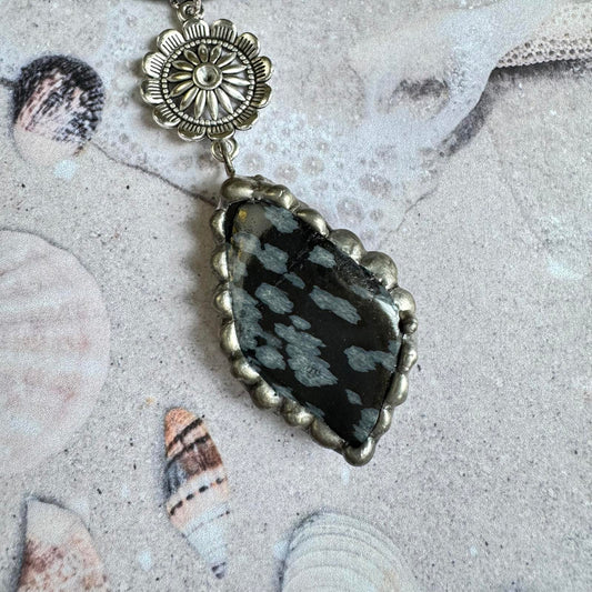 Snowflake Obsidian Stone Pendant Handmade Necklace w/ Silver Tone Floral Accents