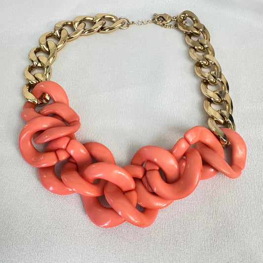Chunky Coral Link Statement Necklace with Gold Chain - Bold Fashion Jewelry