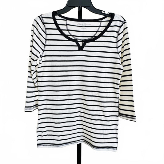 Eddie Bauer Striped Shirt Women’s M White Black 3/4 Sleeve Cotton Henley Tee Top