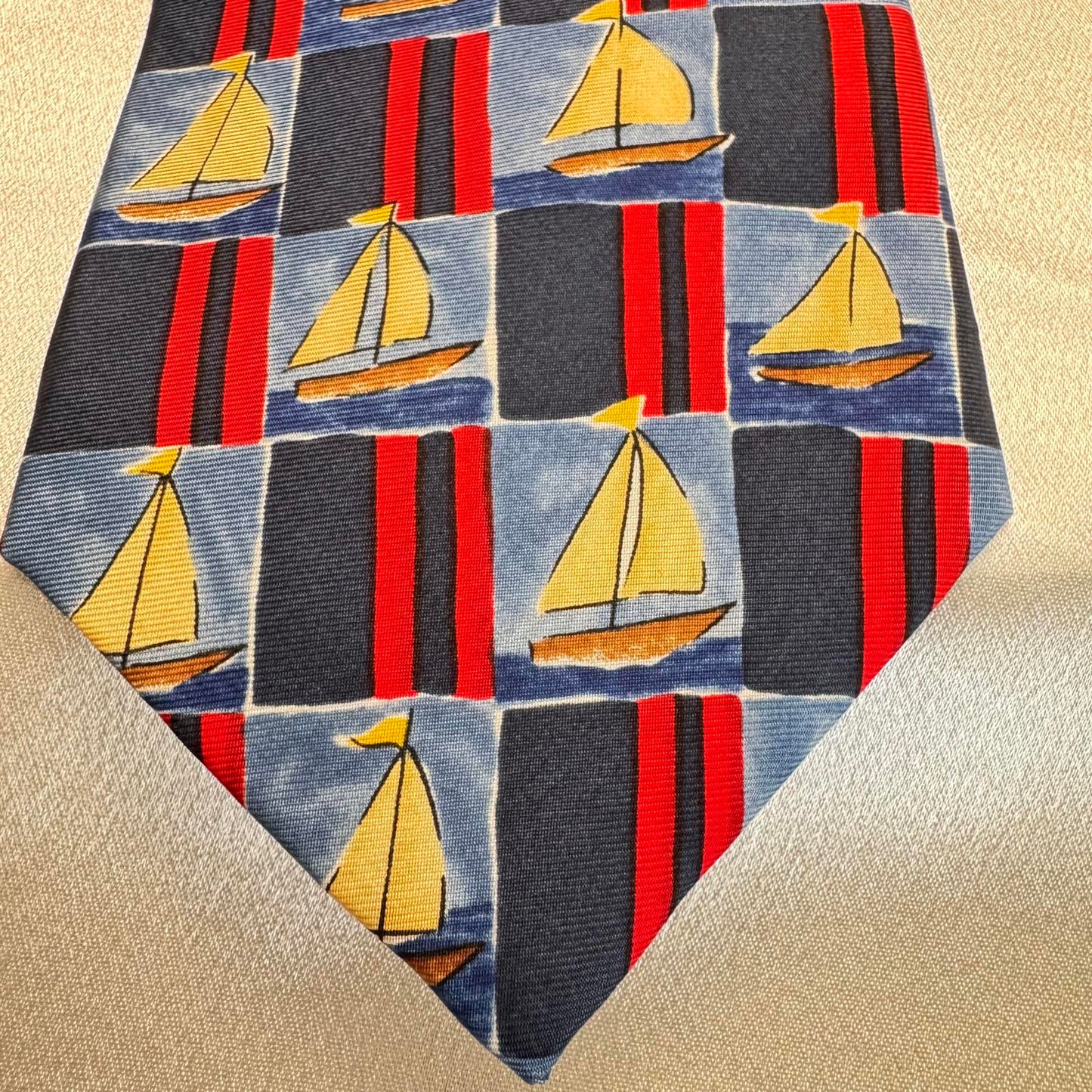 Men’s Silk Tie – Nautical Sailboat Print – Blue Ocean Theme Necktie