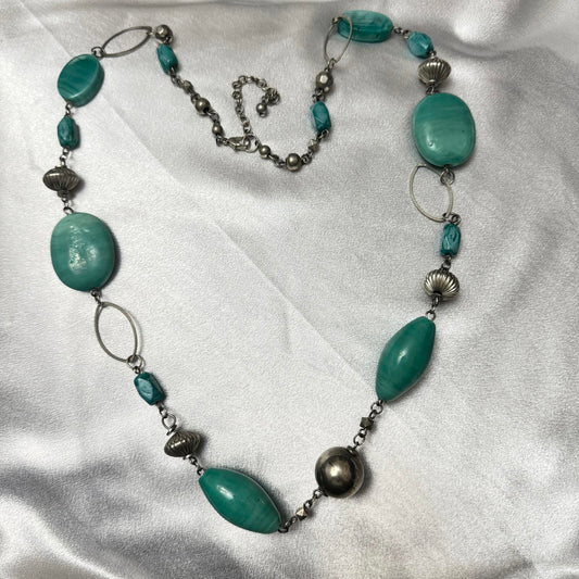 Vintage Turquoise Glass Beads & Silver Tone Necklace BoHo Artistic Statement