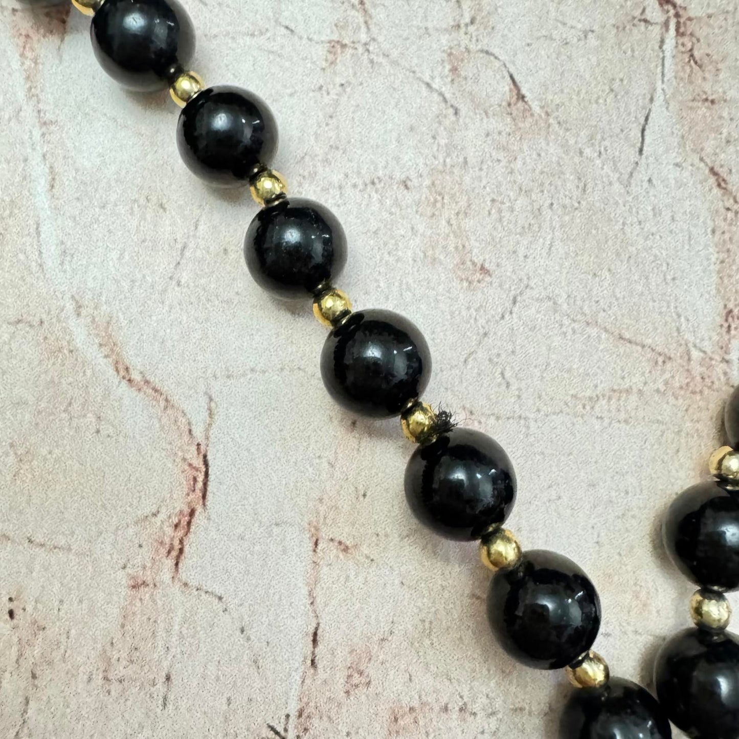 Vintage Black Glass and Gold-Tone Beaded Necklace with Coordinating Earrings