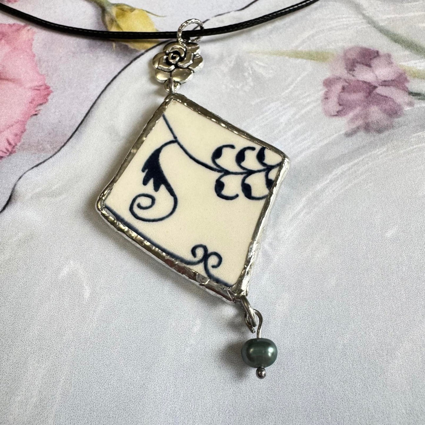 Handmade Broken China Pendant Necklace – Blue Floral Scroll, Rose Charm