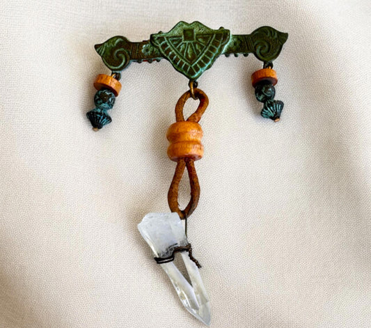 Vintage Artisan Crystal with Wood and Metal Accents Pendant Brooch