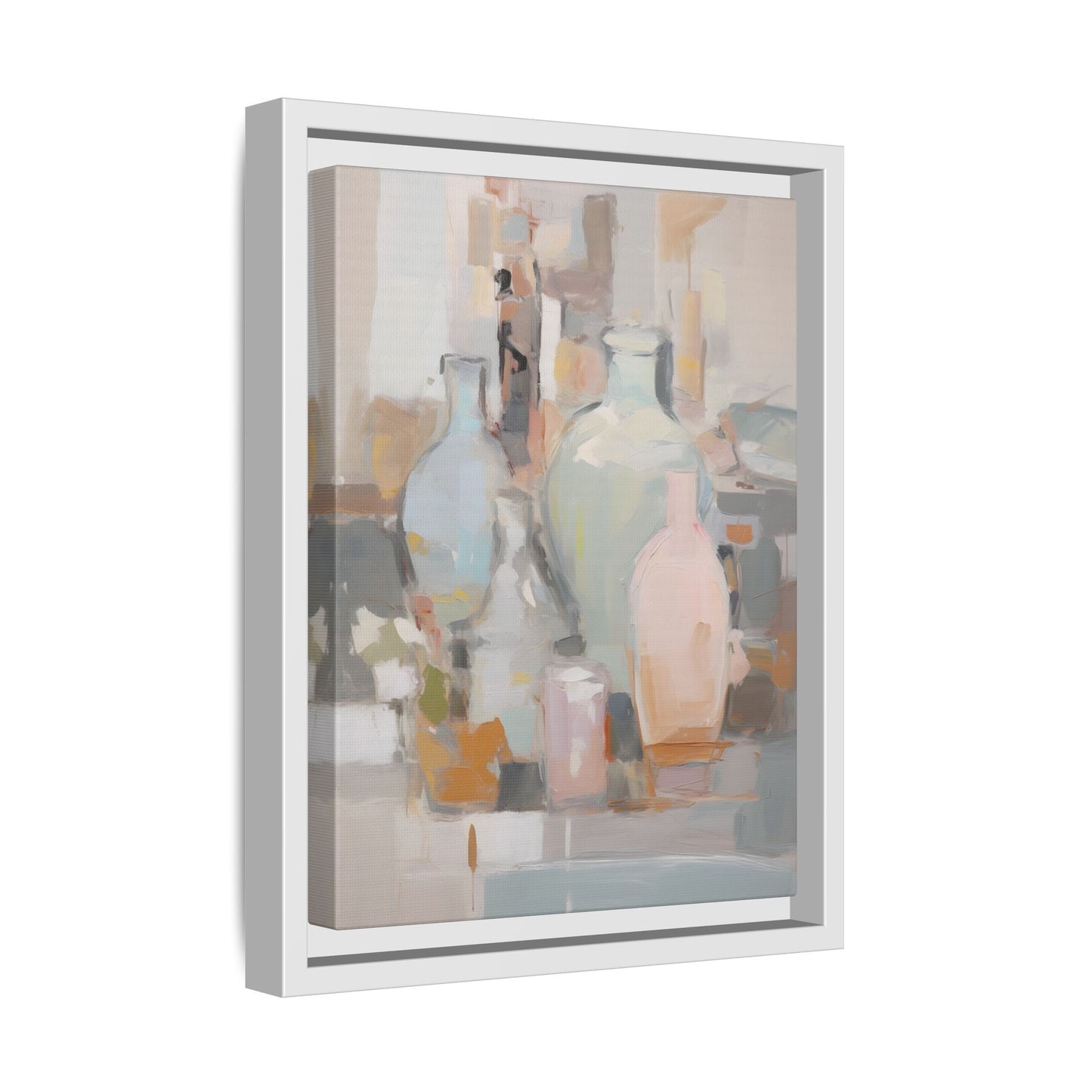 Modern Abstract Still Life Wall Art – Colorful Framed Canvas with Blue, Pink & Terracotta Bottles