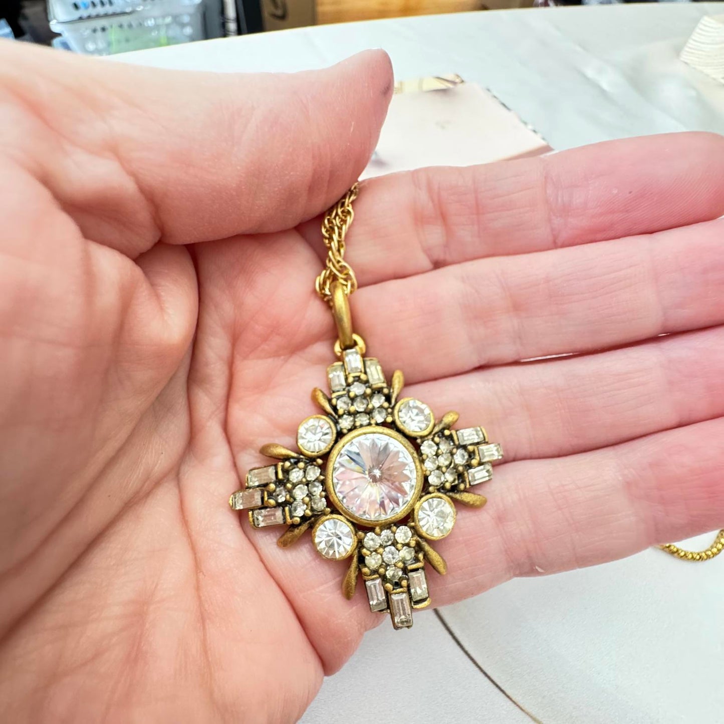 Vintage Gold Tone and Rhinestone Pendant Necklace with Coordinating Bracelet