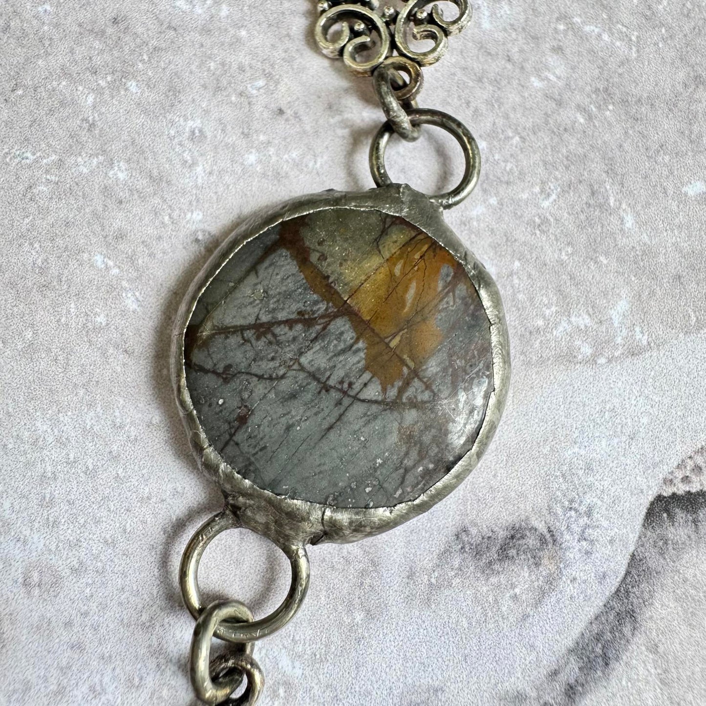 Handmade Natural Stone with Silver Tone Fleur-de-Lis Pendant