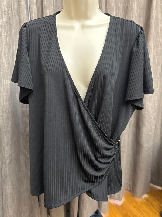 Stylish Ribbed Faux Black Wrap Top 1X