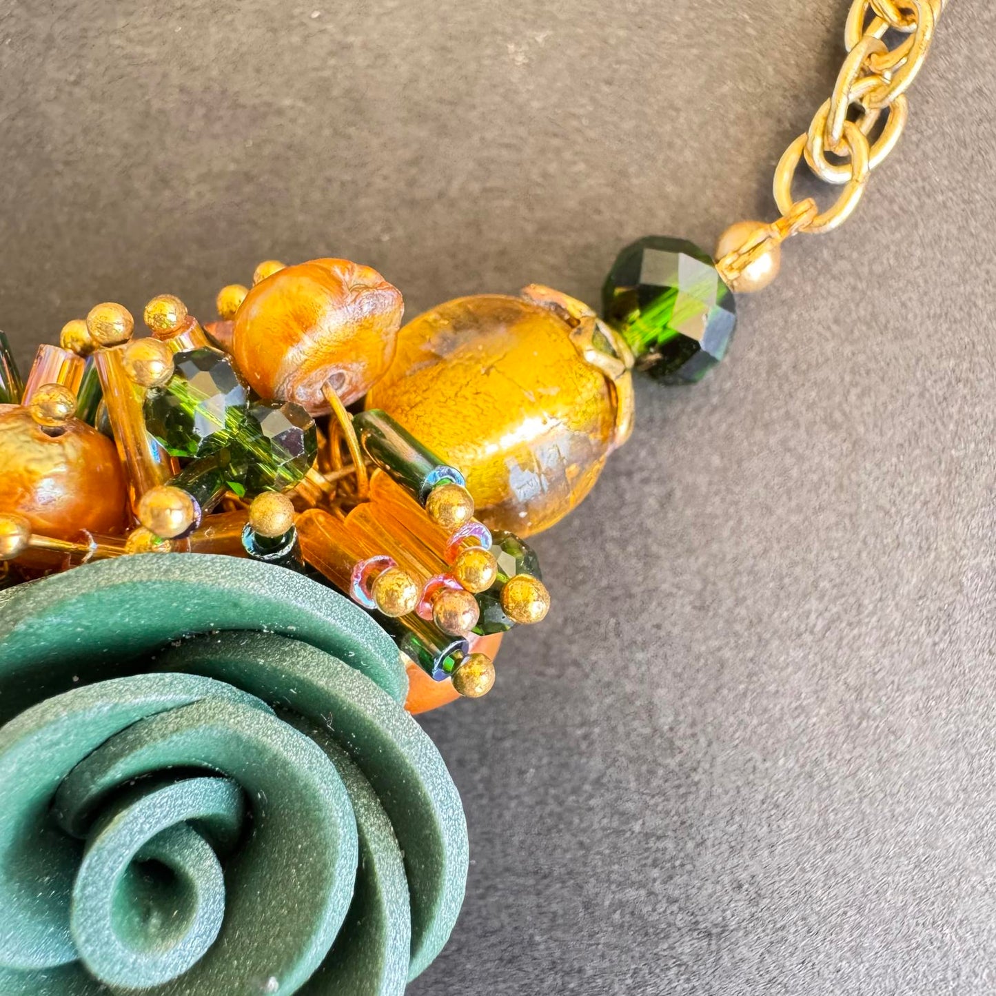 Handcrafted Floral Statement Necklace with Gold Tone Accents