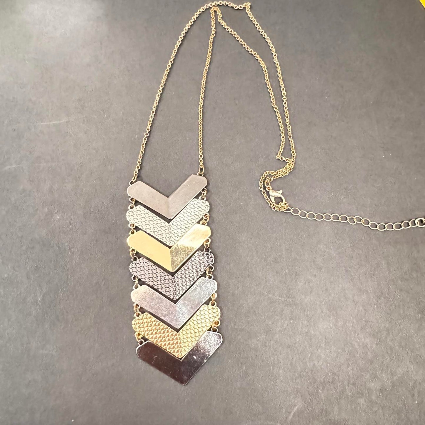 Chevron Pendant Necklace Mixed Metal Gold Silver Bronze Statement Jewelry