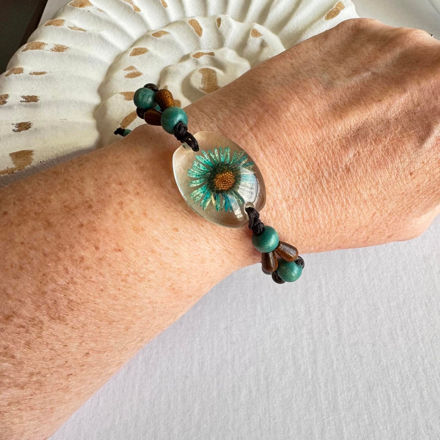 Handcrafted Floral Resin Bracelet with Wooden Beads