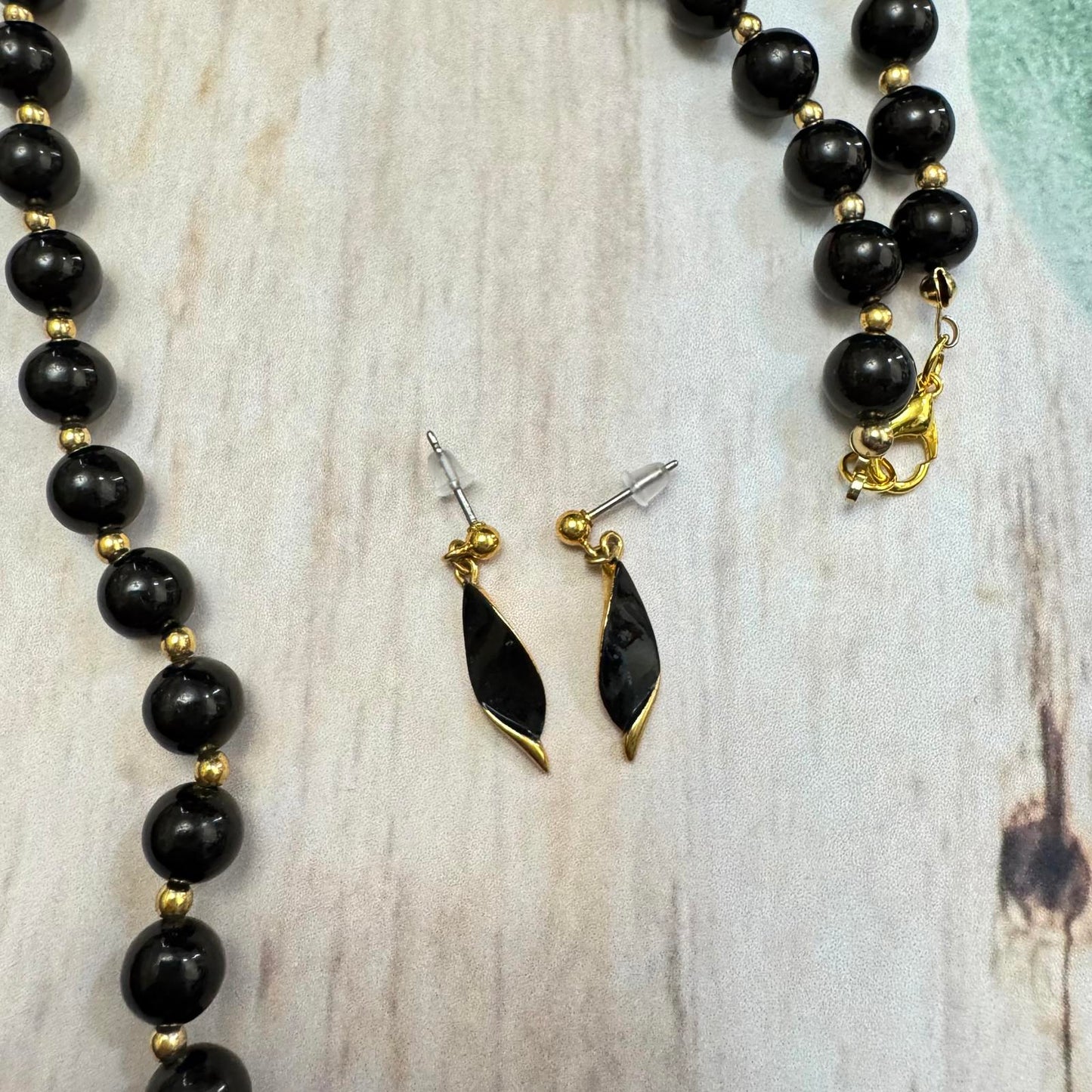 Vintage Black Glass and Gold-Tone Beaded Necklace with Coordinating Earrings