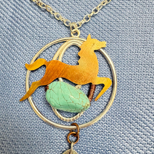 Unique Artisan Handmade Turquoise and Brass Horse Pendant Necklace Mixed Metals
