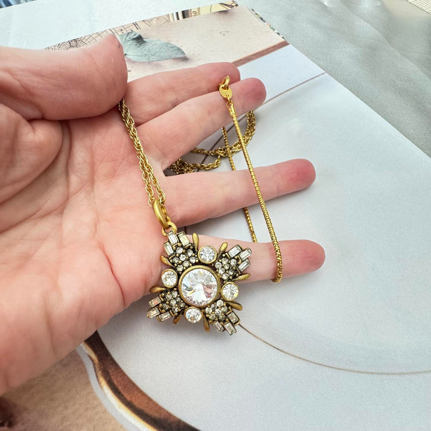 Vintage Gold Tone and Rhinestone Pendant Necklace with Coordinating Bracelet