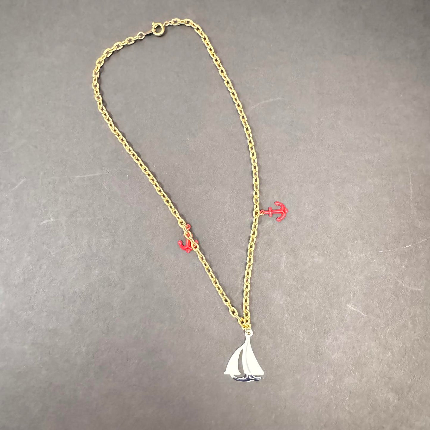 Nautical Charm Necklace – Sailboat & Anchor on Gold Tone Chain, Coastal Style
