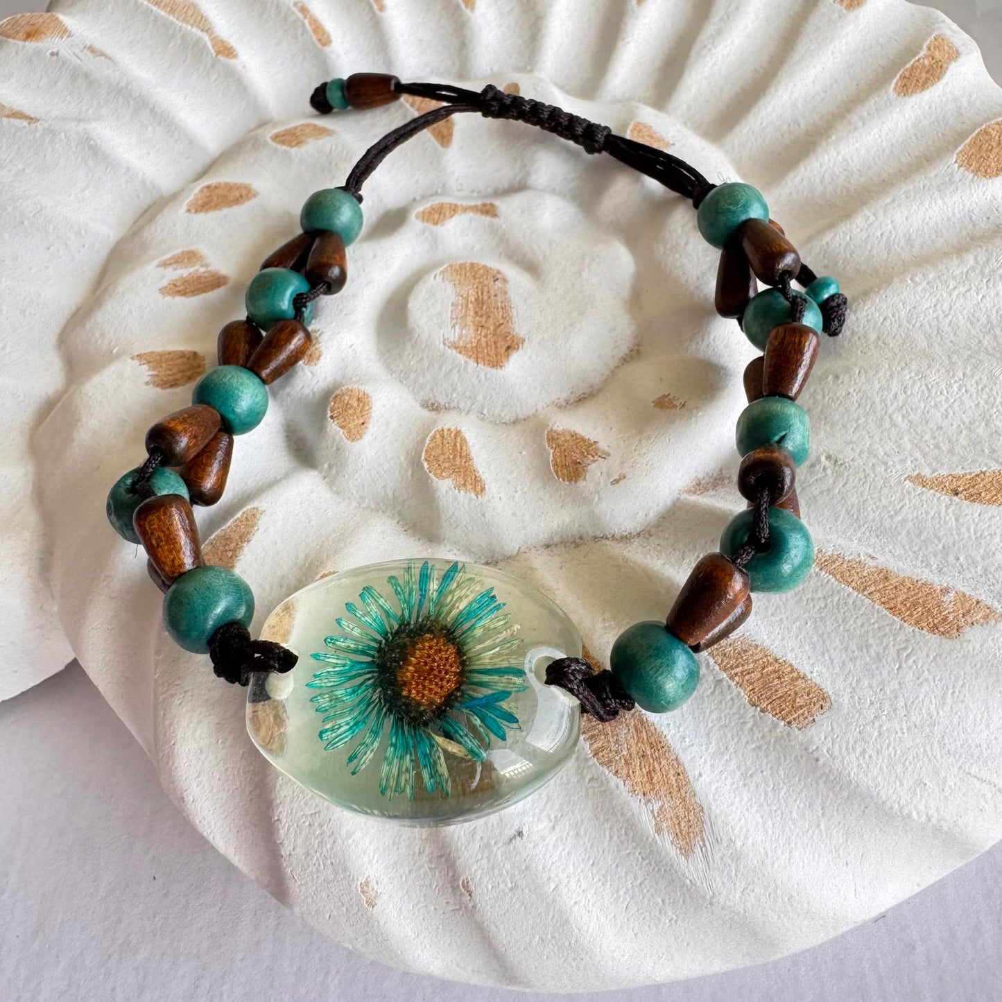 Handcrafted Floral Resin Bracelet with Wooden Beads