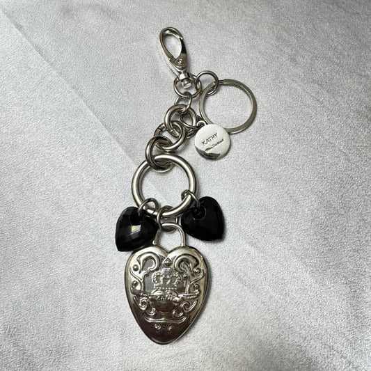 Kathy Van Zeeland Silver Tone Heart Keychain or Purse Charm with Black Accents