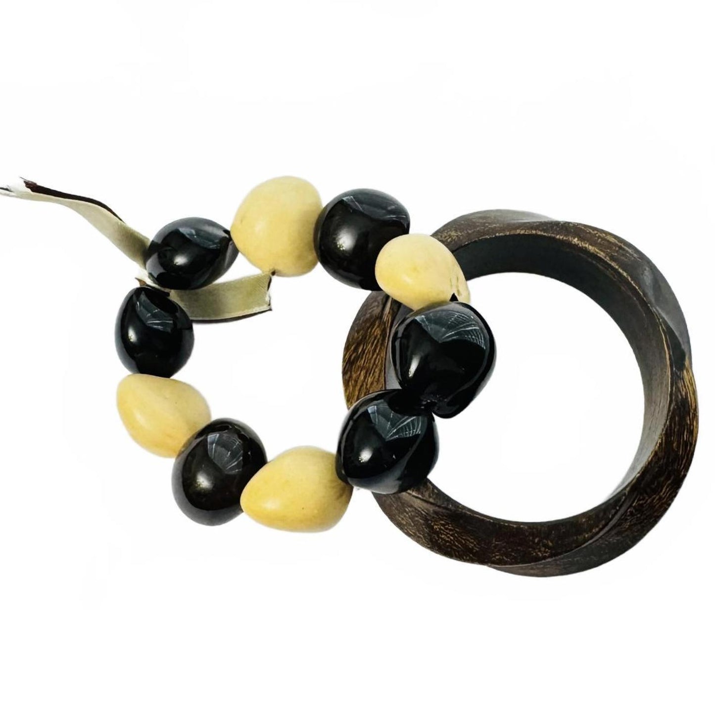 Vintage Wood Bangle & Seed Bead Bracelet Set – Black Cream Chunky Boho Jewelry