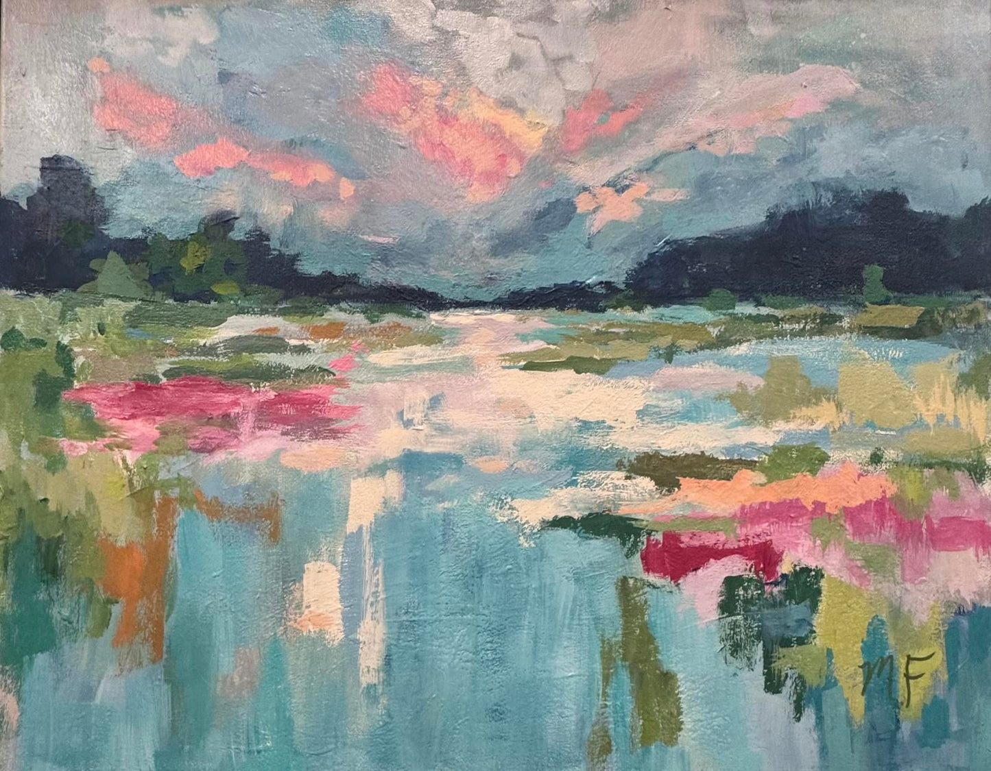 Original Painting by Mechelle Flowers Acrylic on Canvas Framed in Gold Floating Frame Size 16x20