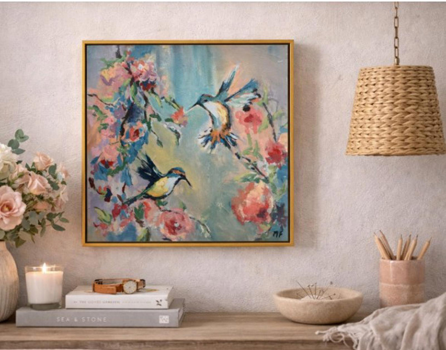 Original Painting by Mechelle Flowers — “Garden in Motion” 12x12 Framed in Floating Gold Frame
