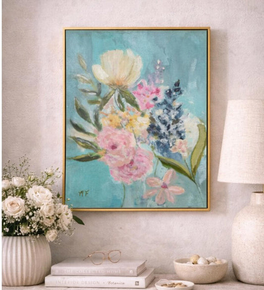 Original Painting by Mechelle Flowers — “Summer Arrangement” 16x20 Framed in Gold Floating Frame