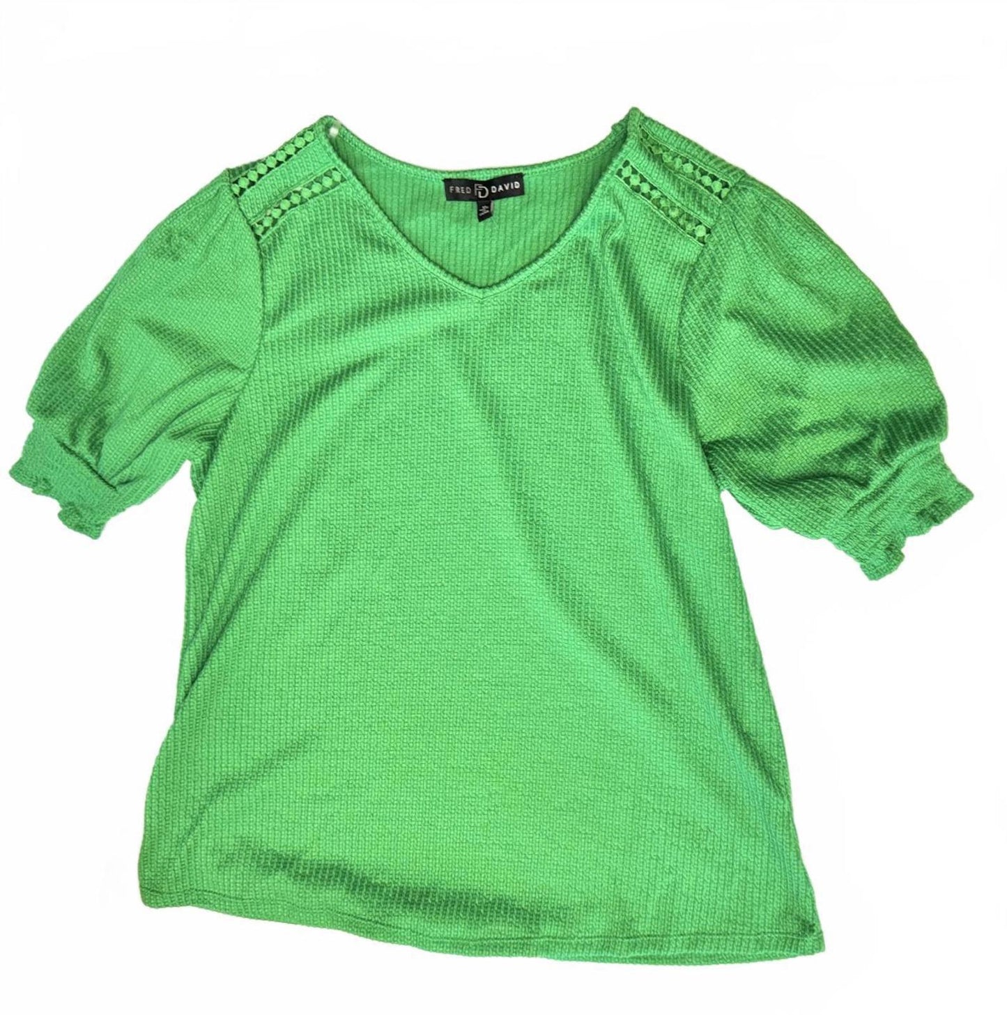 NWT Fab & David Green Puff Sleeve Blouse Women’s Top Crochet Trim Size XL