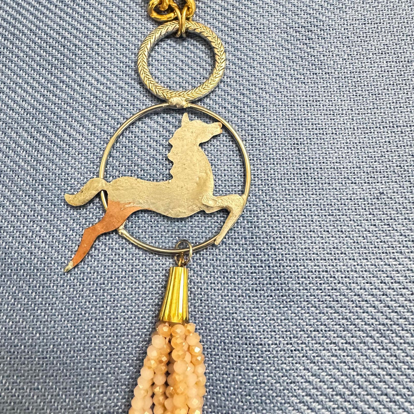 Handcrafted Reclaimed Material Brass Horse Pendant & Tassel Necklace Mixed Metal