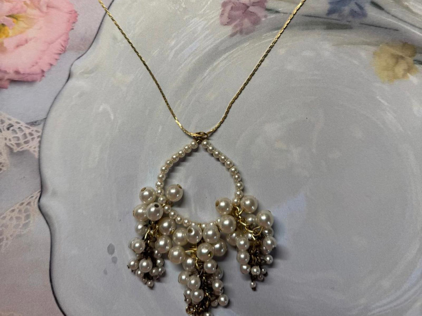 Vintage Faux Pearl Cluster Necklace with Gold Accents Korea Signed