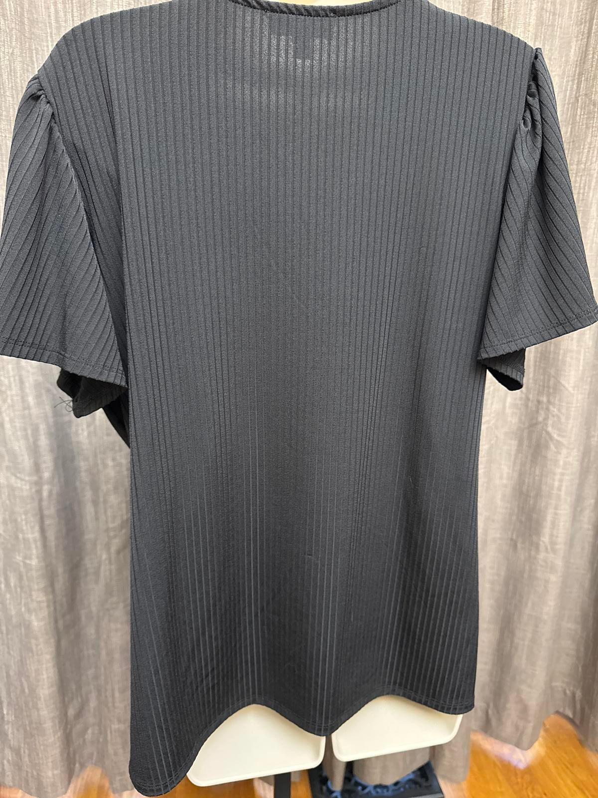 Stylish Ribbed Faux Black Wrap Top 1X