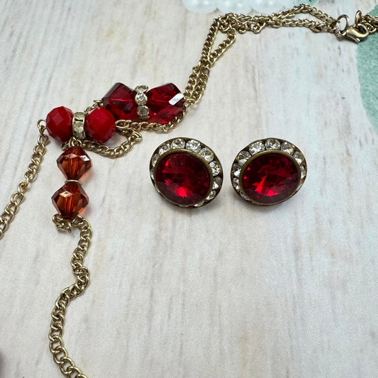 Elegant Vintage Red Rhinestone Earrings and Necklace Set