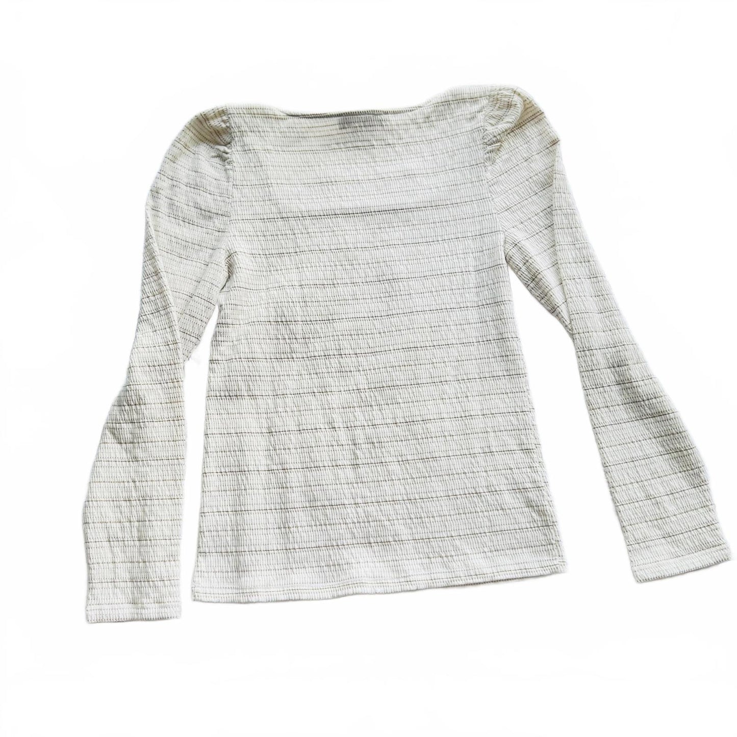 LOFT Square Neck Top Women’s M Beige White Long Sleeve Puff Shoulder Knit