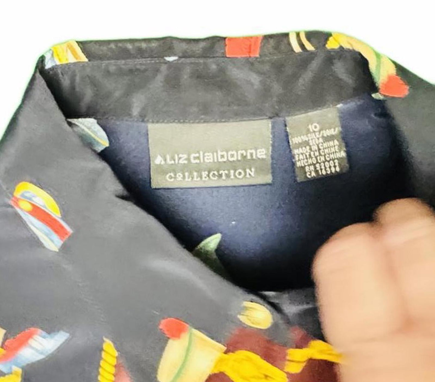 Liz Claiborne Collection Vintage Print Shirt  Black M Fun Pattern 100% Silk