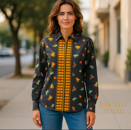 Liz Claiborne Collection Vintage Print Shirt  Black M Fun Pattern 100% Silk