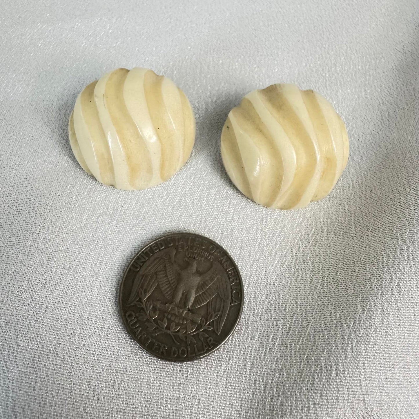 Vintage Carved Swirl Cream Button 1.25 inches Clip-On Earrings Retro Style