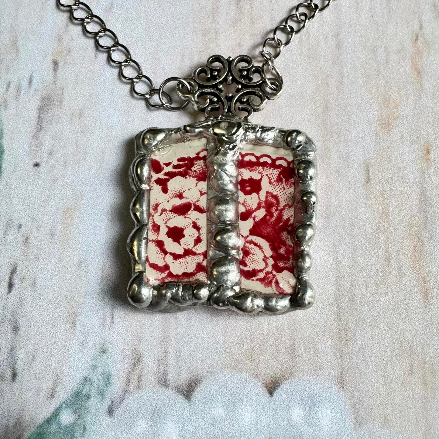 VTG Broken China Floral Pendant Necklace w/ Silver Tone Chain and Decorate Charm