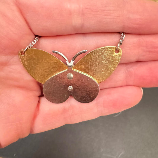 Signed Avon Butterfly Necklace – Mixed Metal Gold Silver Tone Statement
