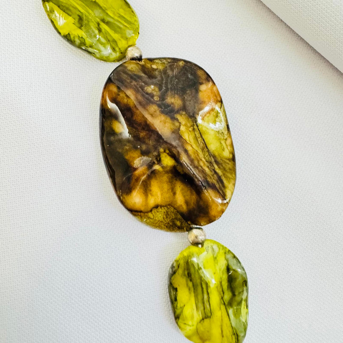 Chunky Marbled Bead Necklace Green Amber Yellow Statement Jewelry Artisan Style