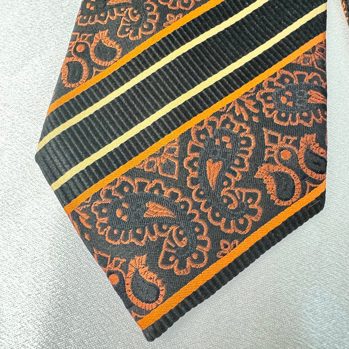 Handmade 100% Silk Paisley Tie - Black/Orange Stripes
