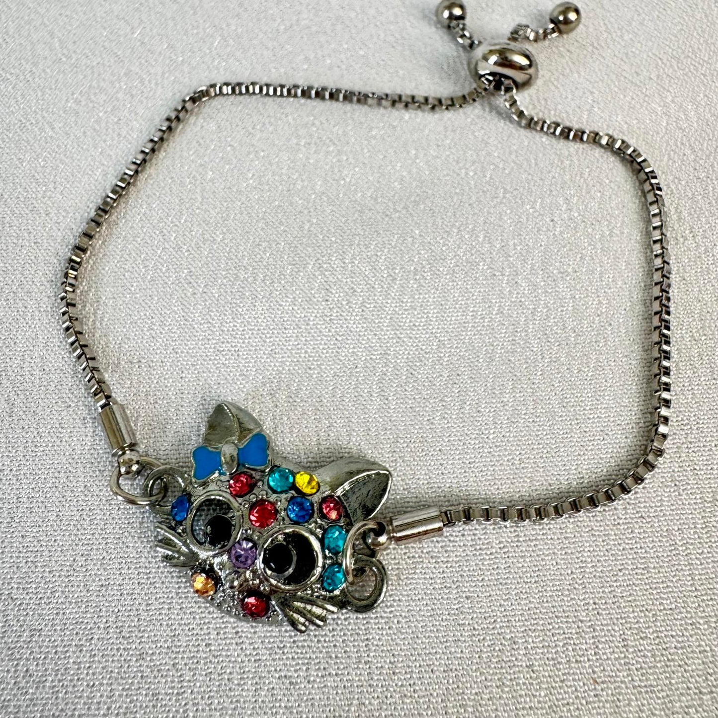 Adjustable Cat Bracelet with Multicolor Rhinestones – Silver Tone Box Chain Cute